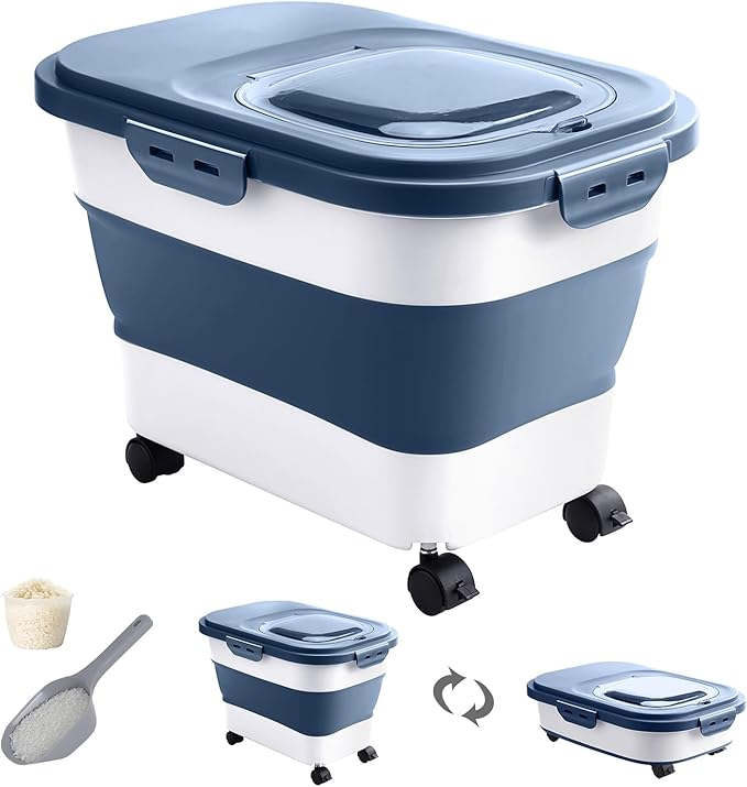 DDMOMMY 20-30 Lbs Rice Storage Container,Collapsible Food Storage Containers with Rolling Wheel Airtight Locking Lid,Flour Storage Container with Cup and Scoop,Suitable for Food,Rice,Pet Food,Flour