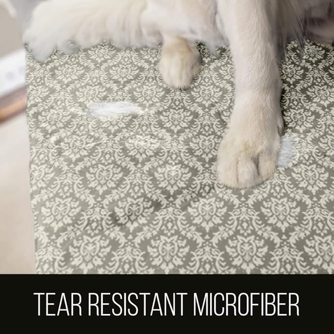 Sofa Shield Couch Slip Cover with Patented Strap, Cushion Protector, US Designed Reversible Stain and Dog Tear Resistant Slipcover, 88 inch Seat, Washable Covers for Dogs Pets, Damask Latte Ivory