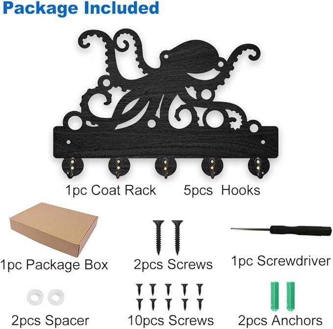 MAYJOYDIY Octopus Coat Hooks Wall Mount Octopus Tentacles Wood Key Holder for Wall 11.8×7.9inch Black Ocean Sealife Wall Art Decor Key Hooks 5 Alloy Hooks for Gift Entryway Living Room Kitchen Office