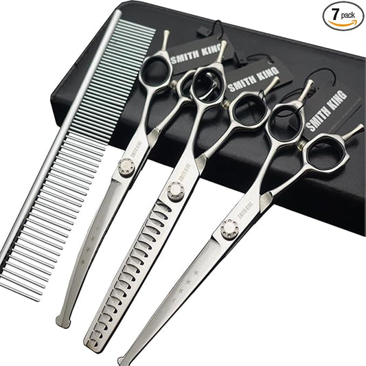 7 inches Safe Dog Grooming Scissors Set with Round Tip,Straight & Thinning & Curved Shears Set with comb for Dog & Cat Grooming (Black 3 in 1 with comb)