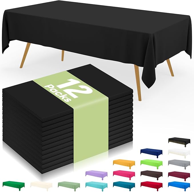 Smiry Disposable Table Cloth 12 Pack, 54 x 108 Inch Waterproof Plastic Tablecloth, Decorative Rectangle Table Covers for Party, Birthday, Picnic, Black