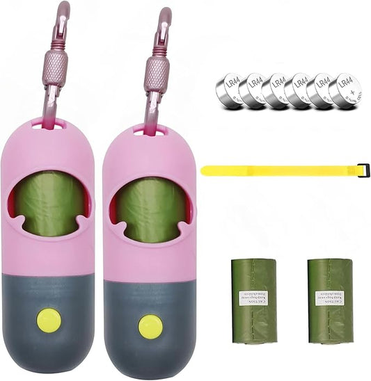 Morn Light 2 Pack Poop Bag Holder with Flashlight Waste Bag Dispenser for Leash with Clip and Battery Poop Bag Dispenser with Green Scented Poop Bags for Dog Walking(Pink,2 Dispenser 60 Bags)