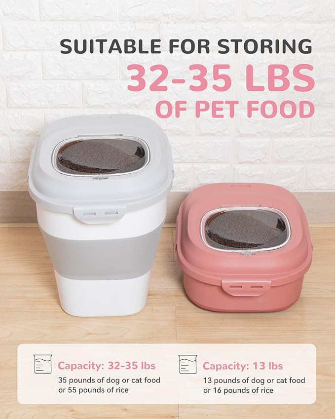 DDMOMMY 30-35 Lbs Dog Food Storage Container Collapsible Dog Food Container with Airtight Lids, Wheels, Scoop and 2pcs Food Storage Containers, Large Pet food storage for Dog, Cat (Pink)