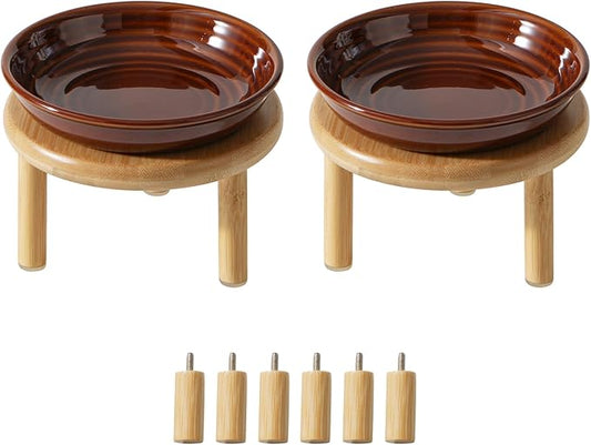 2 Sets of Elevated Ceramic Cat Dish, Wide Whisker Friendly Anti-Slip Food & Water Bowl with 2 Heights Adjustable Stands - Pet Bowl Set for Cats (2 Dishes +2 Stands, Caramel Brown)