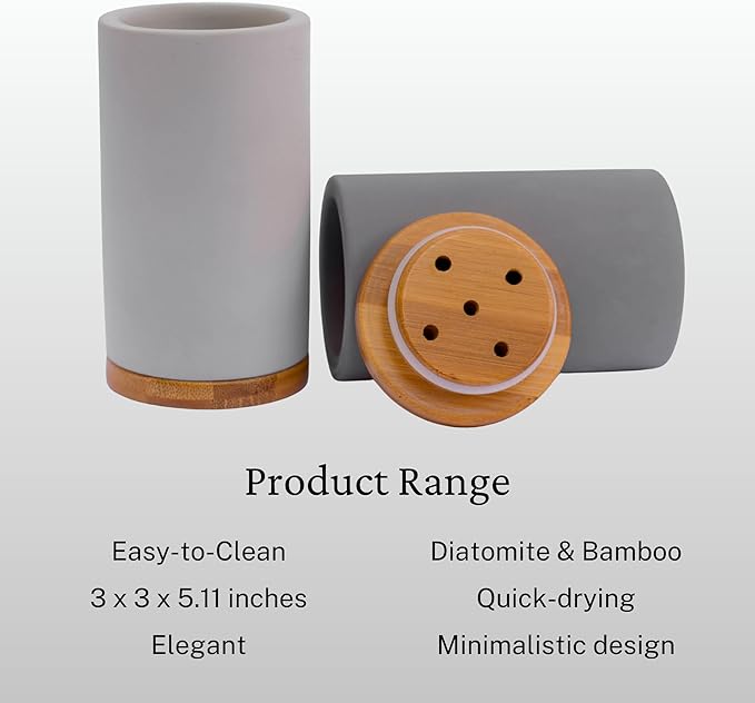 Matani Diatomite & Bamboo Toothbrush Holder - Quick-Drying, Water-Absorbent Stand with Removable Base & Drain Holes for Bathroom Countertop (Beige)
