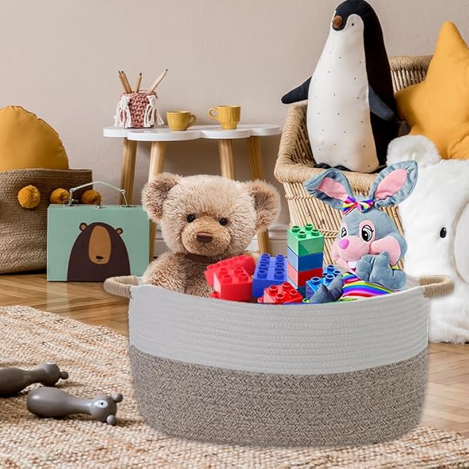 Large Cotton Rope Storage Basket with Handles, Hamper, Laundry Basket, 20 "L x 14" W x 12 "H, Home Decor to Storage Blanket &Toy, etc .(White & Brown)