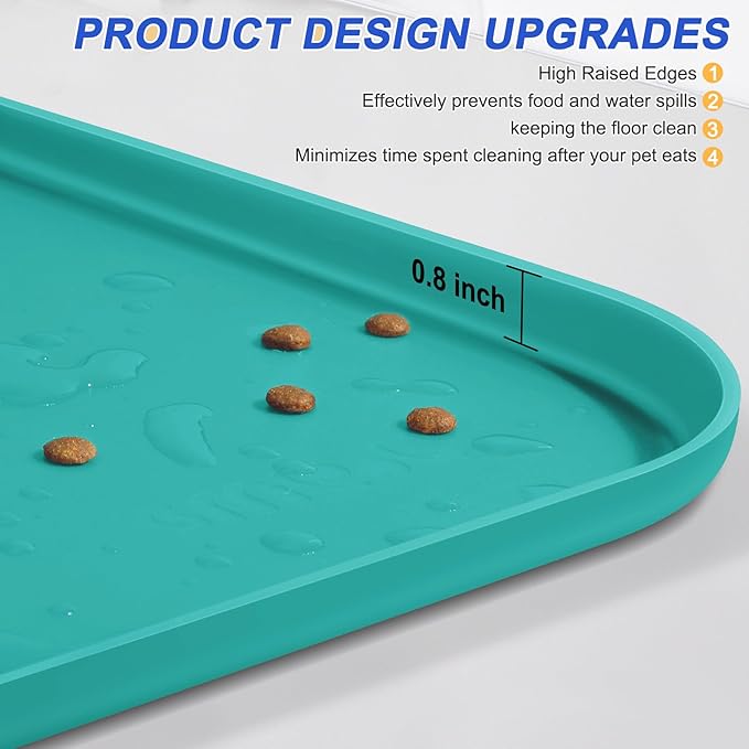 Silicone Pet Feeding Mat with Raised Edge for Food and Water, Dog Bowl Mats, Cat Bowls Placemat with High Lip for Floor Waterproof, Rubber Tray for Cats and Dogs 22 x 14 x0.8 Dark Turquoise