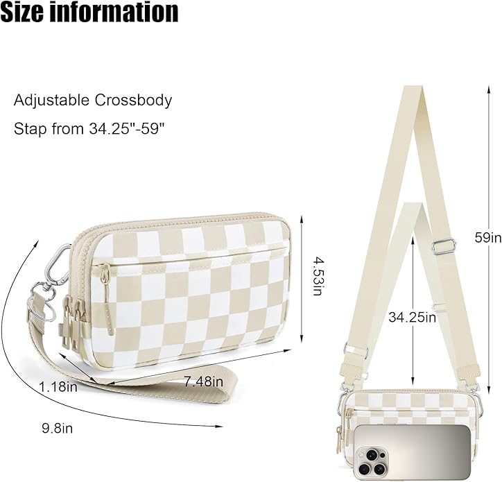 Checkered WristleWallets for Women, RFID Wallet Crossbody with 4 Zippers, Credit Card Holder Cell Phone Organizer