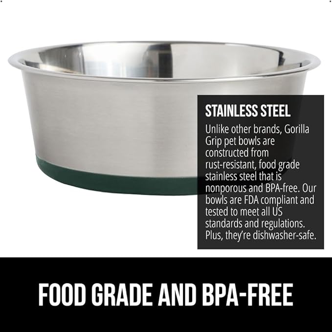 GORILLA GRIP Dog Bowls, Holds 1 Cup Each (8 fl oz), Heavy Duty Stainless Steel Food and Water Bowl for Feeding Dogs and Cats, Dishwasher Safe, Rust Resistant Metal BPA Free Rubber Base, Set of 2 Green