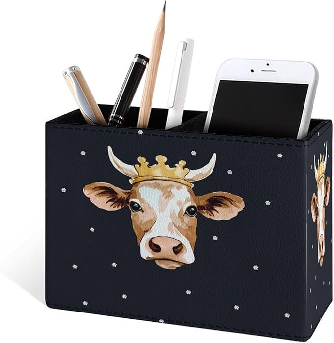 Famame Crown Cow Head Pencil Holder for Desk, Leather Desktop Container Pen Cup Storage Study Table Pen Organizer Makeup Brush Holder for Classroom Office Home