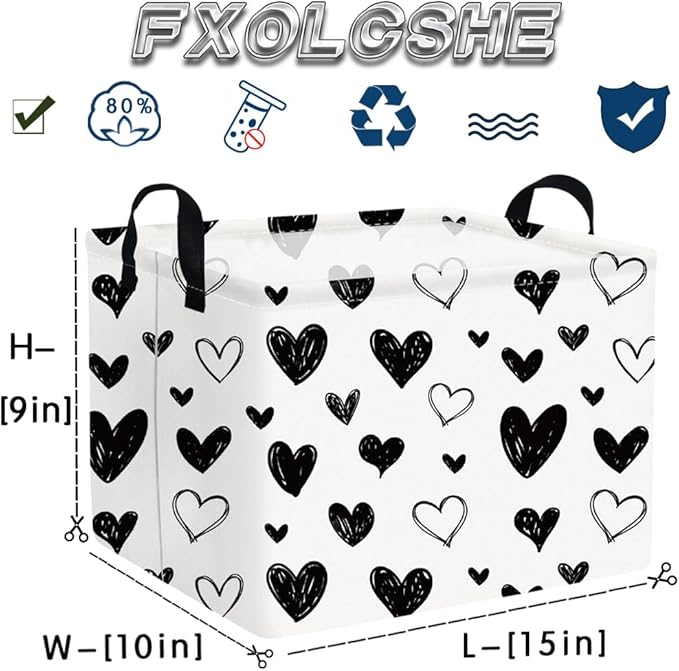 FXOCSHE Heart-Shaped Collapsible Waterproof Laundry Basket, Black Hearts