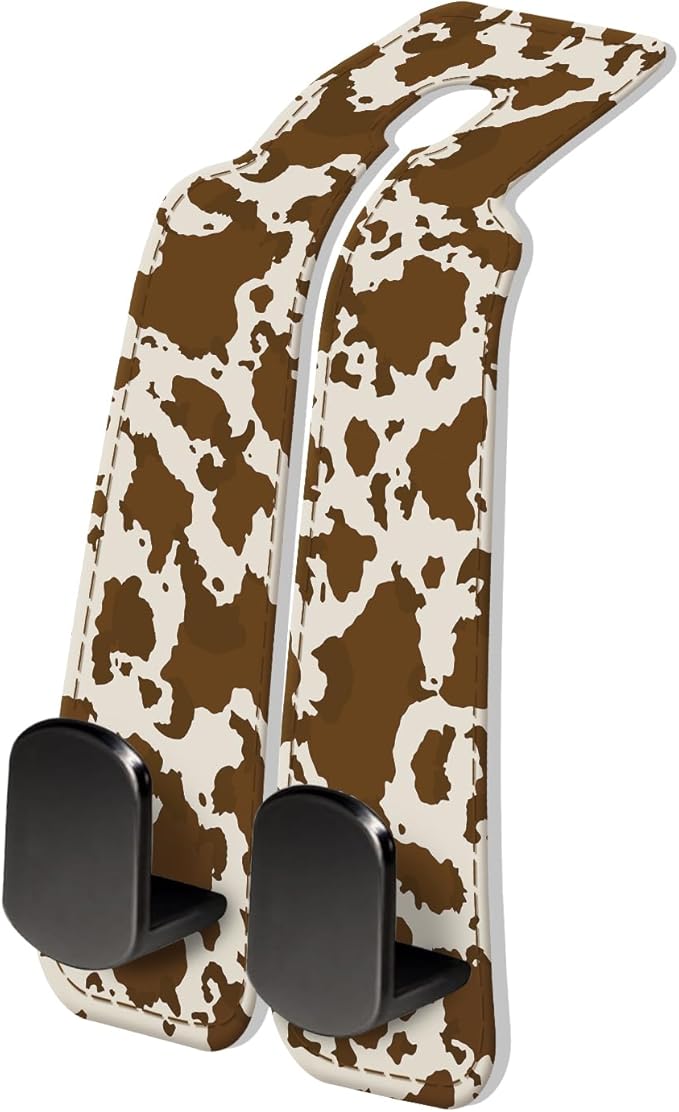 PU Leather Car Seat Hook, Storage Headrest Hanger, Cute Car Backseat Organizer, Car Hooks For Purses and Bags Brown Cow Print