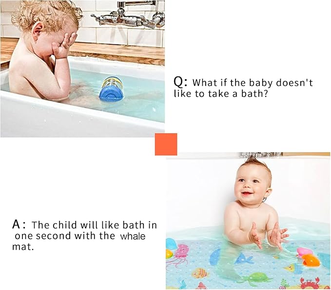 Bath Mat for Tub Non Slip, Machine Washable Anti-Slip Cartoon Baby Bathtub Shower Mat with Drain Holes and Suction Cups for Toddler & Kids, 40 Inch x 16 Inch-Rectangular, Little Whale