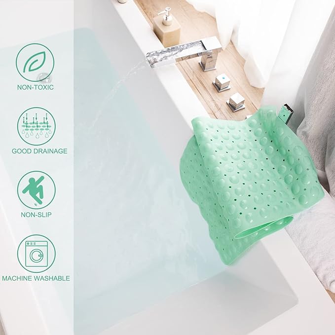 Bath Tub and Shower Mats, Non-Slip 39 x 16 Inch Extra Long Bathtub Mat, Machine Washable BathMat with Drain Holes, Suction Cups for Bathroom (Opaque Pale Green)