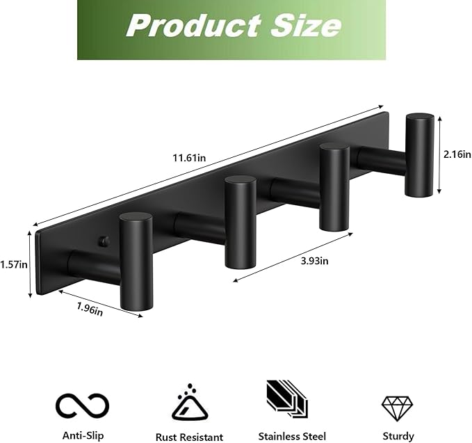 VINHOLD Coat Rack Wall Mounted-4 Hooks, Heavy Duty Stainless Steel Wall Hooks for Towel Coat Bag, Hat Rack Coat Hanger Coat Hooks Towel Racks for Bathroom Entryway Kitchen Hotel (Black, 2 Packs)