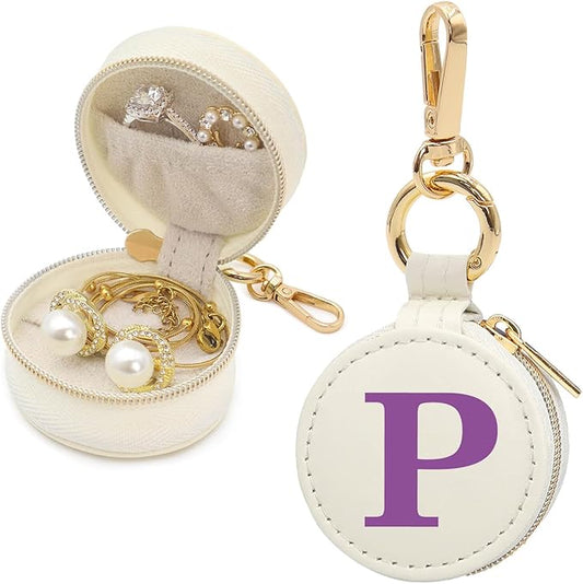 Mini Initial Travel Jewelry Case Ring Holder, Beige Faux Leather Small Jewelry Organizer Box Gifts for Women Girls Nurse Teacher, Gym Travel Accessories Keychain Pouch for Earrings Rings Necklace P