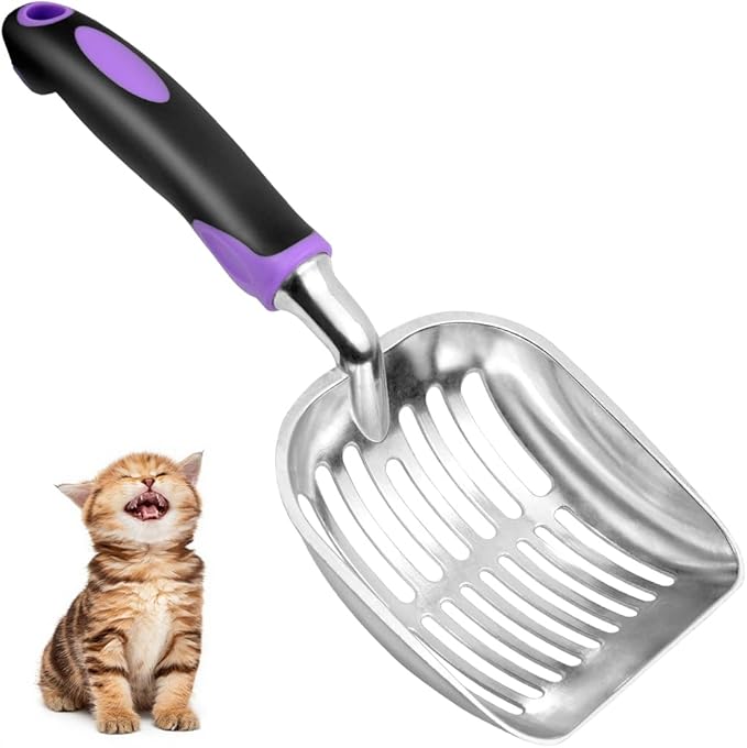 Cat Litter Scoop, Metal Cat Scooper, Rubber Handle Scoop, Sifting Shovel for Christmas – Heavy Duty Aluminum Alloy Litter Box Scoop with Deep Mesh, Design for Easy Waste Removal and Cleaning(Purple)