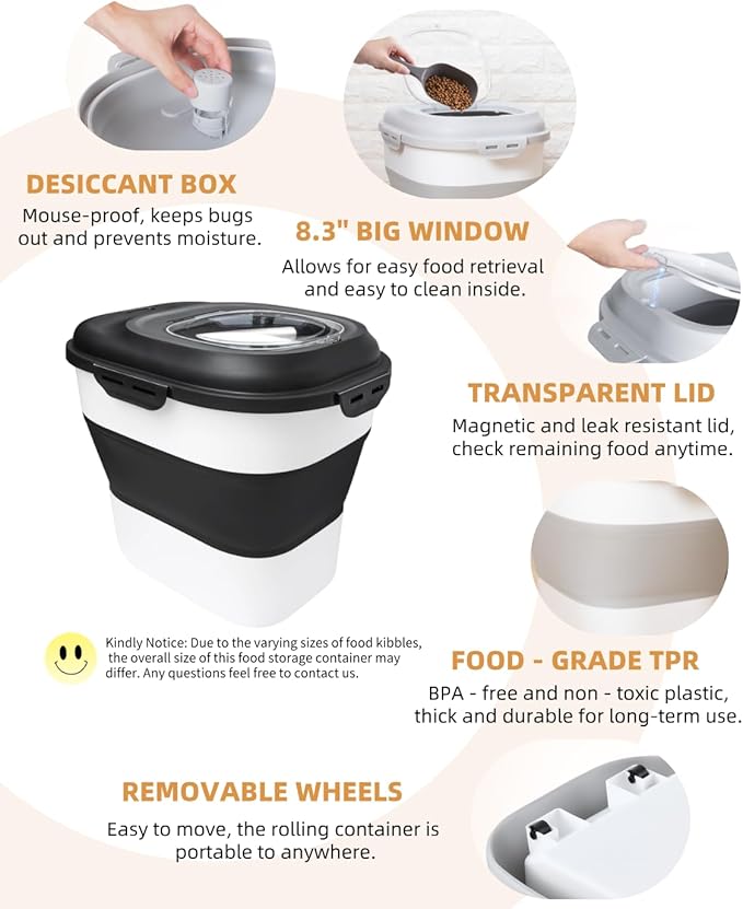 DDMOMMY 30-35 Lbs Dog Food Storage Container Collapsible Dog Food Container with Airtight Lids, Wheels, Scoop and 2pcs Food Storage Containers, Large Pet food storage for Dog, Cat (Black)