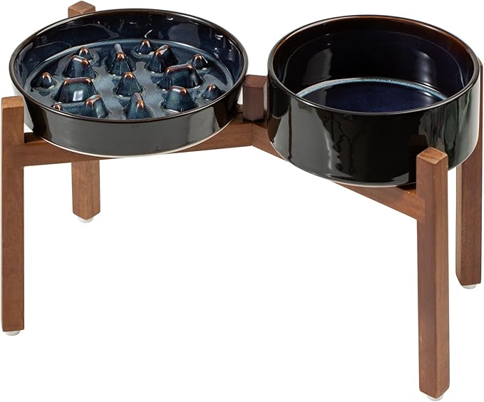 Ceramic 1.6 Cup Raised Slow Feeder Dog Bowl Set, Elevated 7.3inch Bowl and 8.2inch Slow Feeder Dish with Acacia Wood Stand for Medium and Large Dogs (2 x Starry Sky+ Stand)