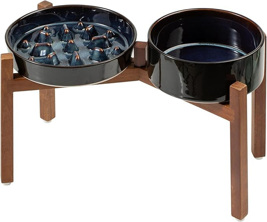 Ceramic 1.6 Cup Raised Slow Feeder Dog Bowl Set, Elevated 7.3inch Bowl and 8.2inch Slow Feeder Dish with Acacia Wood Stand for Medium and Large Dogs (2 x Starry Sky+ Stand)