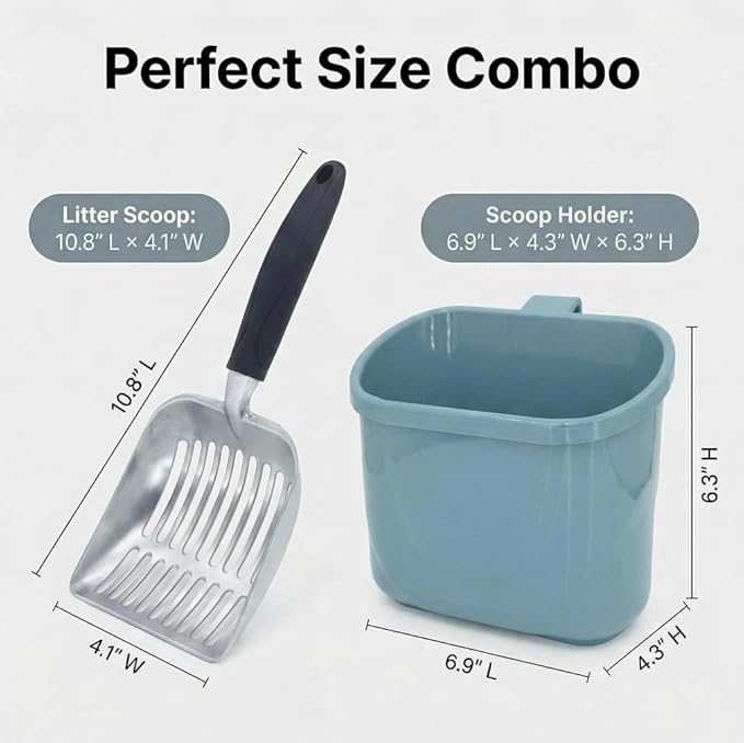 4-in-1 Cat Litter Scoop with Holder, Cat Litter Box Organizer Cleanup Kit - Sweeper & Dustpan, Aluminium Kitty Litter Scooper and Storage Caddy, Heavy Duty Cat Litter Box Cleaning Supplies