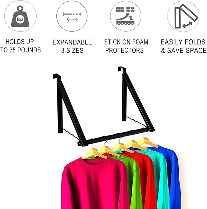 HOLDN’ STORAGE Over The Door Hanger - Foldable Rack Organizer for Hanging Clothes, Coats & Towels, Ideal for Dorm Rooms, Laundry, Bathrooms, Etc - Holds up to 35 LBs, Collapsible - Black