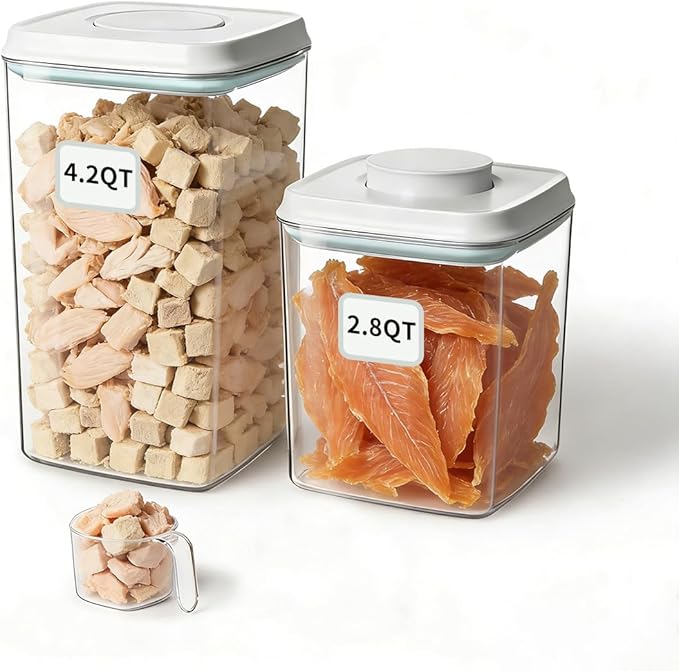 EQI Dog Food Storage System with One-Touch Lid & Scoop, Mixed Size Set (2.8 QT / 2.65 L & 4.2 QT / 4.0 L) Cat Food Storage Container，Stackable Durable PET for Kibble, Treats & Complete Feeding