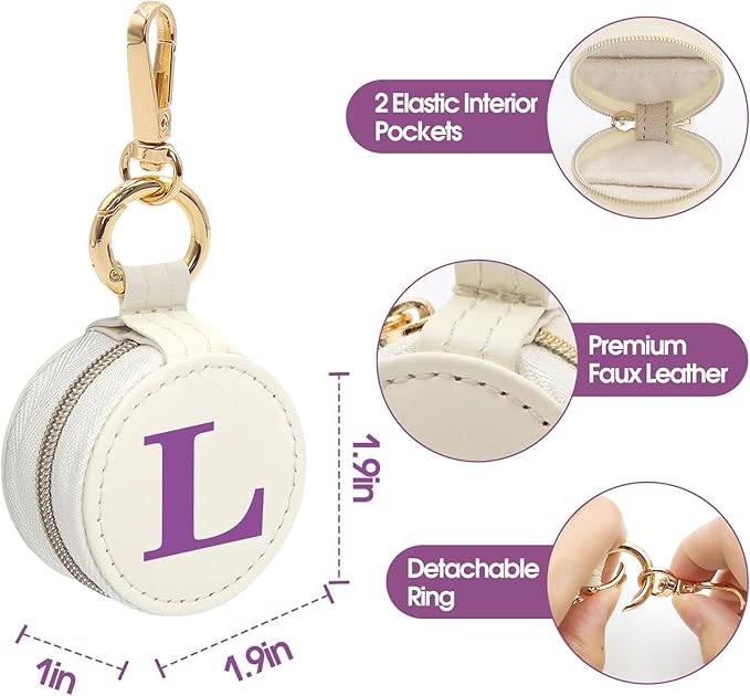 Mini Initial Travel Jewelry Case Ring Holder, Beige Faux Leather Small Jewelry Organizer Box Gifts for Women Girls Nurse Teacher, Gym Travel Accessories Keychain Pouch for Earrings Rings Necklace L