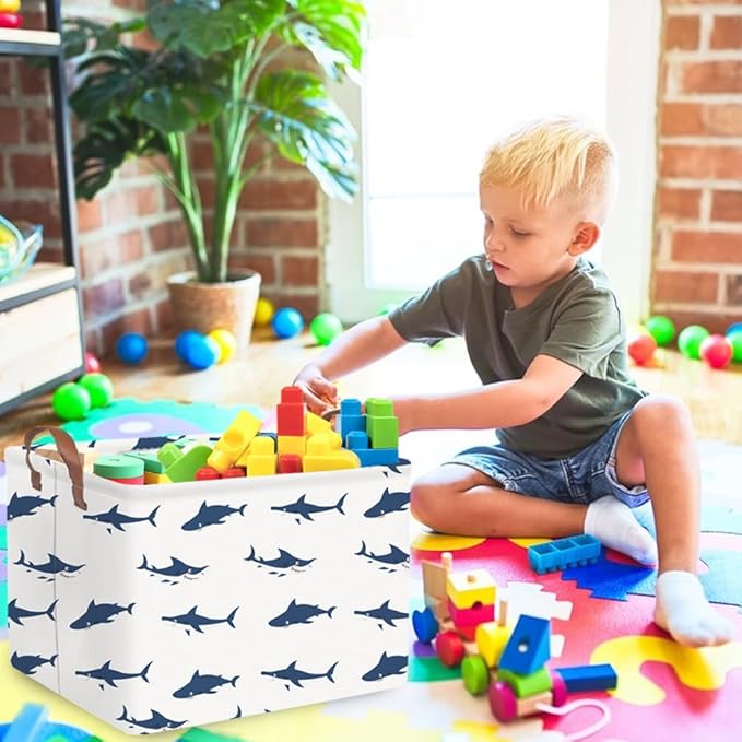 FXOCSHE Rectangular Easter Shark Basket,Collapsible toy box for kids,easter gift basket, Nursery Hamper for Shelve Toy Box,Shelf Basket(Shark)