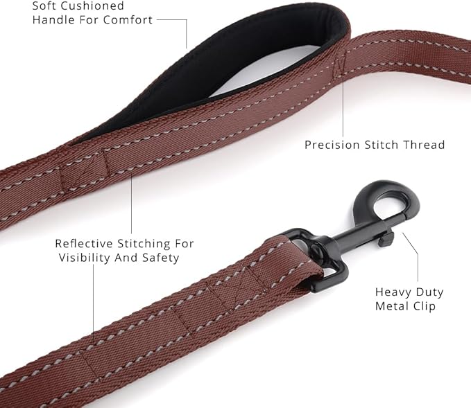 Plutus Pet Double Handle Dog Leash 4ft, Heavy Duty, Reflective Dual Handle Dog Leash for Safety Training, for Medium Large Dogs,2 Handle Leads, Chocolate