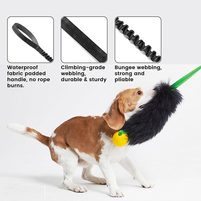 HOWGO Dog Rope Toy,Dog Bungee Chaser Toy 100% Sheepskin,Sheep Smell Tug Toy for All Breeds (Green, with Rubber Ball)