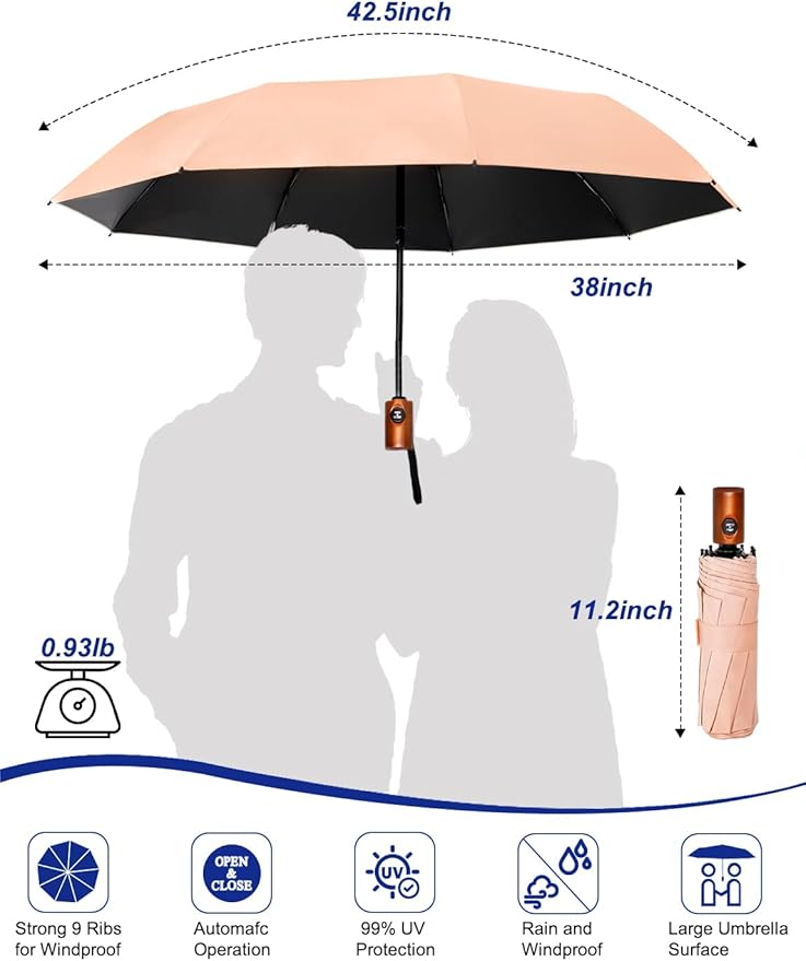 SoulRain Strong Windproof Travel Umbrella with Wooden Handle, Automatic Open Close Compact Folding for Rain & Sun UV Protection, Lightweight Durable Portable for Car, Backpack, Women & Men