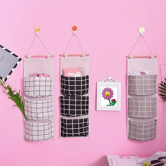 AUHOKY 3Pcs Wall Closet Hanging Storage Bag, Premium Linen Fabric Over The Door Organizer, Hanging Storage Pouches with 3 Pockets for Bedroom Bathroom - Waterproof & Stylish (Black/Gray/White)