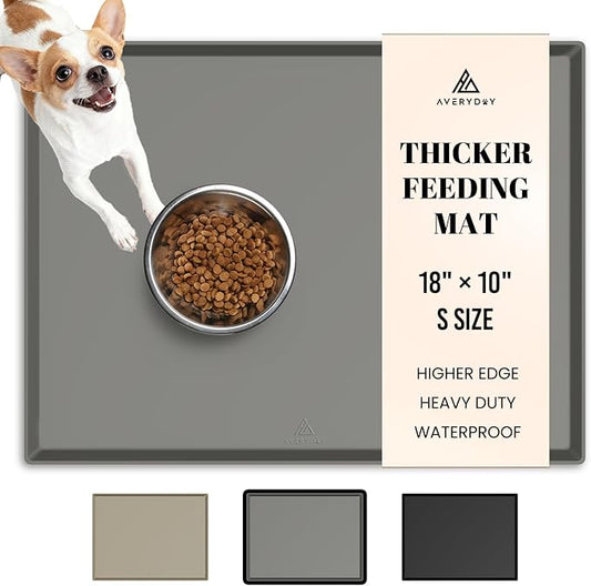 AVERYDAY 18x10'' Silicone Dog Mat for Food and Water, 0.63'' Edge Dog Food Bowl Mats for Floor Waterproof, Dogs Water Mat for Sloppy Drinker, Non Slip Rubber Pet Feeding Mats for Indoor Dogs and Cats
