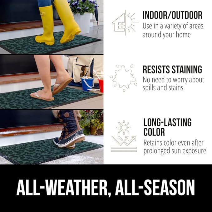 GORILLA GRIP 100% Waterproof All-Season WeatherMax Doormat, US Designed Natural Rubber, Stain and Fade Resistant, Low Profile Indoor Outdoor Door Mats, Easy Clean Patio Mat, 17x29, Moss Vine Leaves