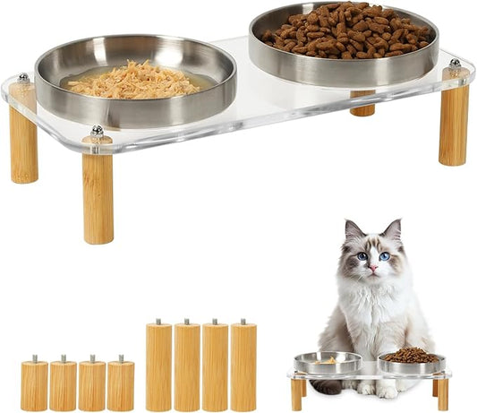 Elevated Cat Bowls for Indoor Cats – Clear Acrylic Cat Food Table with 2 Stainless Steel Dishes, Adjustable Height (4.05"/2.87"), Set of 1