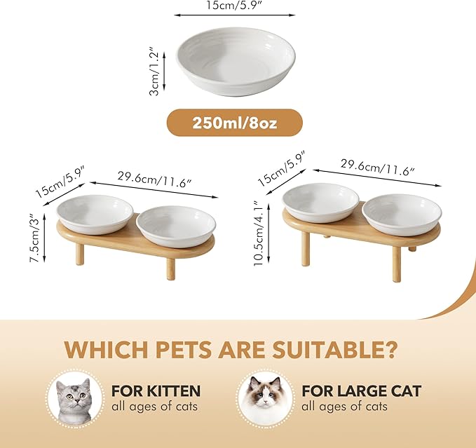 Elevated Ceramic Cat Dish, Wide Whisker Friendly Anti-Slip Food & Water Bowl with 2 Heights Adjustable Stand - Pet Bowl Set for Cats (2 Dishes +Stand, White)