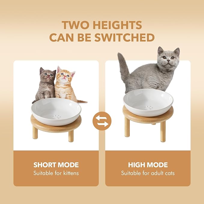 Elevated Ceramic Cat Dish with Paw Print, Wide Whisker Friendly Anti-Slip Food & Water Bowl with 2 Heights Adjustable Stand - Pet Bowl Set for Cats (1 Dish + 1 Stand, White)