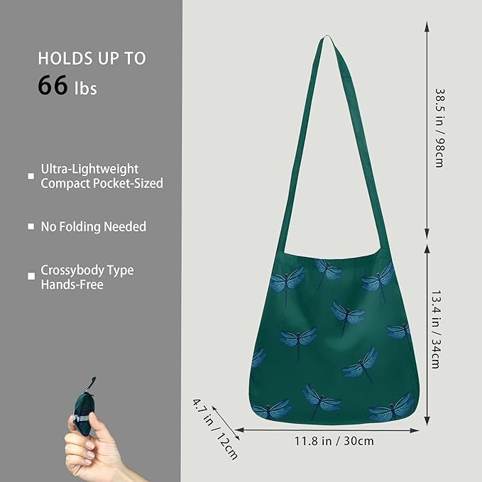 BeeGreen Dragonfly Ultimate Crossbody Tote Bag - Reusable Grocery Shopping Bag - Foldable Compact Portable Machine Washable