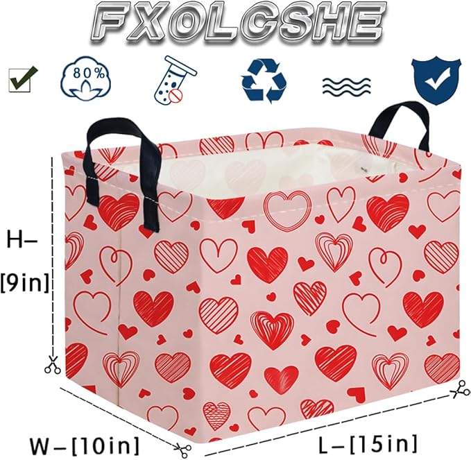 FXOCSHE Rectangular Pink Valentine's Day Gift Basket,nursery basket,Pink girls gift baskets,kids toy storage Bin, Love Heart Room Decor for Home,Shelf Baskets(Romantic Heart)