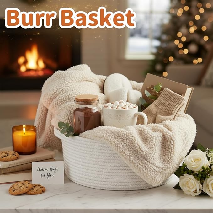 Pro Goleem Small Woven Easter Basket with Gift Bags and Ribbons Durable Burr Baskets for Gifts Empty Small Rope Basket for Storage 12"X 8" X 5" Baby Toy Baskets with Handles, White