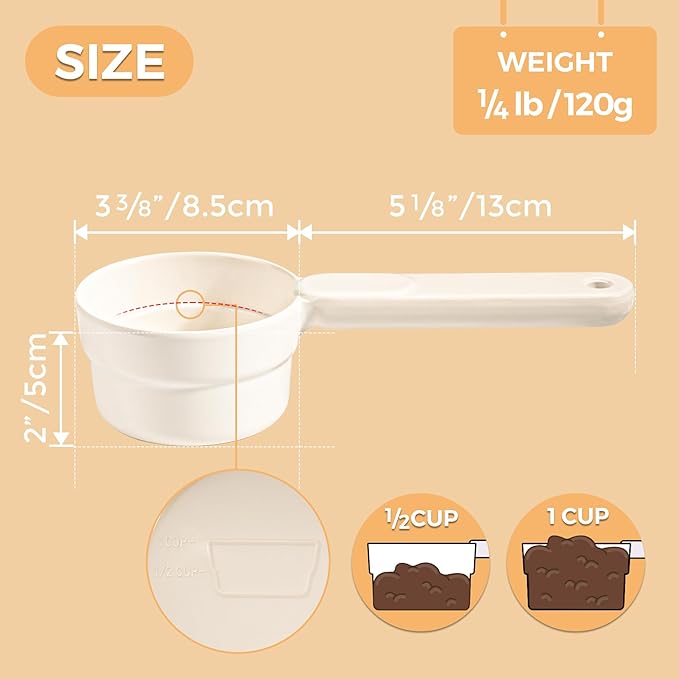 MSBC Melamine Pet Food Scoop, Cat Food Measuring Cups, Comfortable Long Handle Scoop for Dog, Cat, Ferret and Rabbit Food, 1 Cup Size Pet Food Feeding Scoop Dishwasher Safe (White