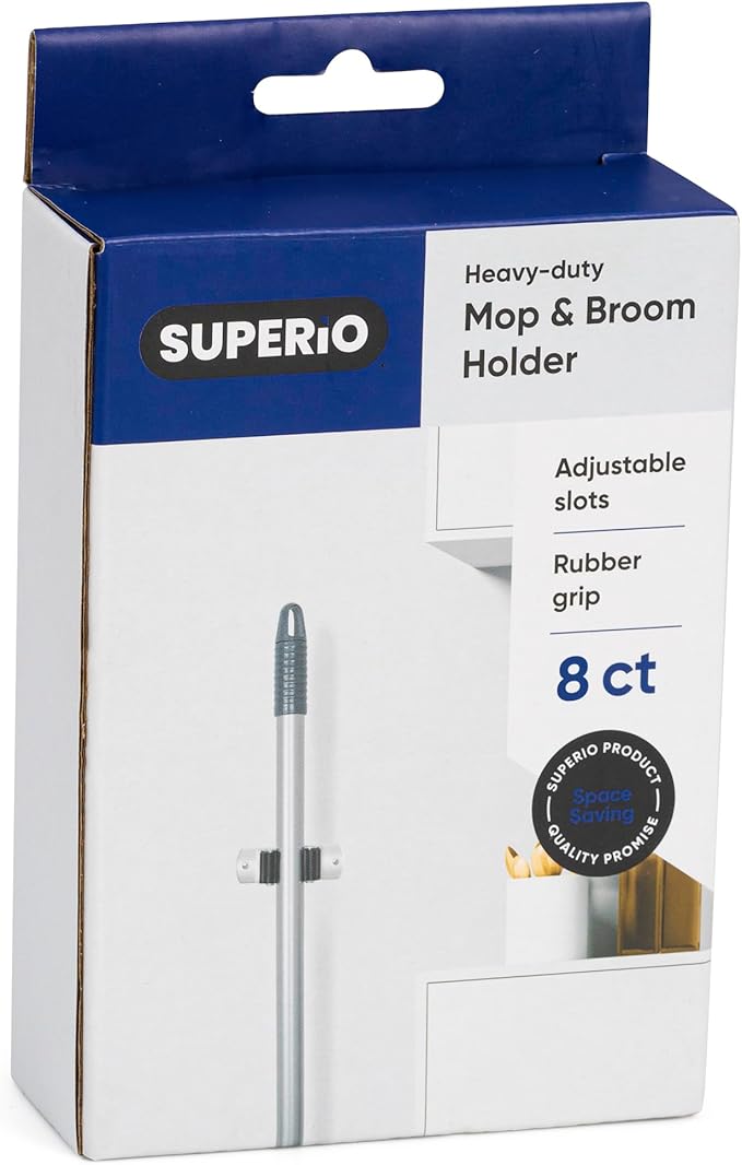 Superio Mop and Broom Holder, Set of 8 Single Piece Hooks, Stainless Steel Wall Mount Cleaning Storage Tool Organizer, Heavy-Duty Hook for Kitchen, Closet Garage, and Office