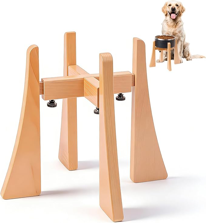 Beech Dog Bowl Stand for Medium Large Dogs,Elevated Dog Bowl Large Breed,Raised Bowl Stand，Adjustable Width for Different Bowls,Feeding Station with Non-Slip Feet (10-inch High)