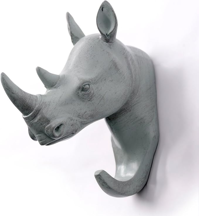 Rhino Head Single Wall Hook/Hanger Animal Shaped Coat Hat Hook Heavy Duty, Rustic, Decorative Gift, Grey