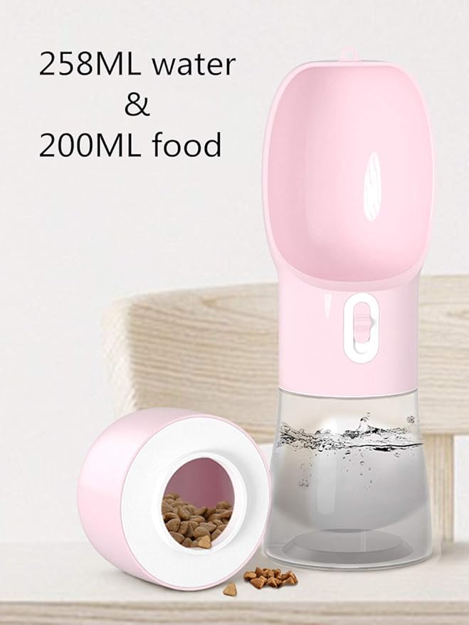 Misthis Portable Dog Water Bottle - Leak Proof Dog Water Dispenser with Bowl & Food Container, Dishwasher Safe Food Grade Plastic for Pet Puppy Outdoor Walking Hiking Travel Pink