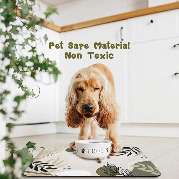 Dog Food Mats for Floors Waterproof, Dog Cat Water Bowl Mats Pet Feeding Absorbent Mat Dog Cat Pet Placemats for Food and Water Bohemia Tropical Leaves 16 * 24 inch