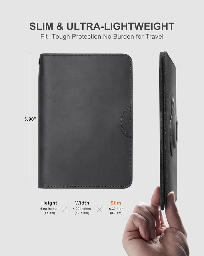 Leather Passport Holder for Travel - Passport Wallets with AirTag Slot, 5 Card Slots & Secure Button Closure, Durable Passport Cover for Men & Women - Crazy Horse Leather(5.9'' x 4.13'')