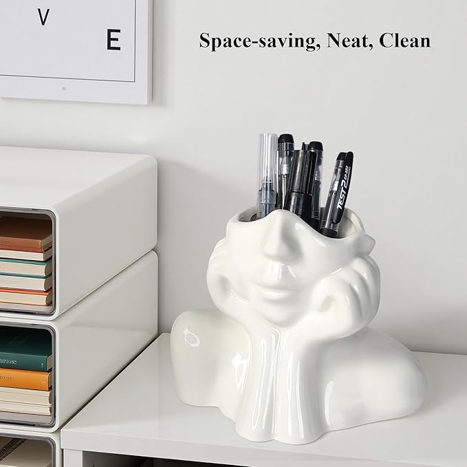 Ceramic Face Pen Holder Organizer, Female Form Face Pen Tools Storage Cup for Desk Accessories, Compact Pencil Holder for Desktop, Living Room, School, Home and Office Decor