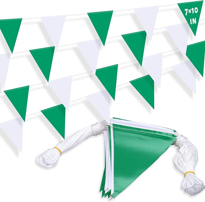 105ft Pennant Banner Flags, 7x10 Green and White 45 Pcs High Visibility Safety Flagging on String, Triangle Pool Flags for Backstroke, Construction Events Party Decoration Parking Marking Outside